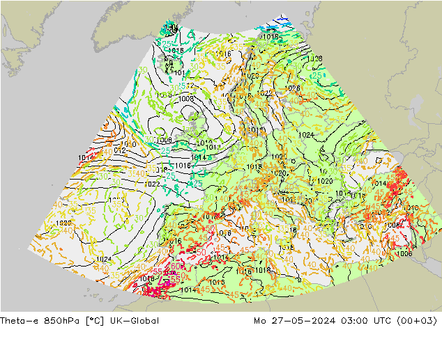 Theta-e 850hPa UK-Global pon. 27.05.2024 03 UTC