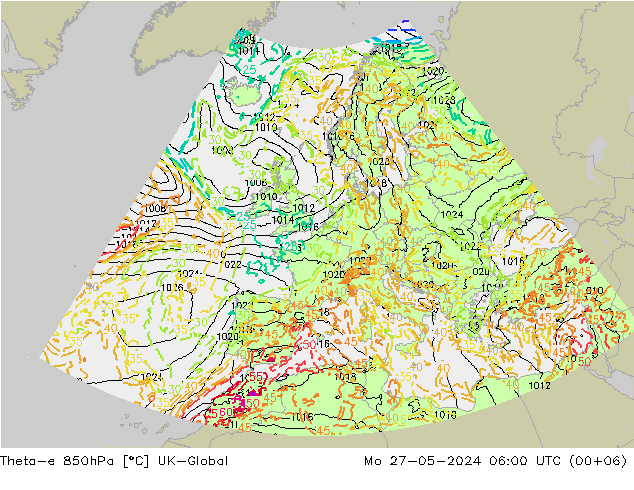Theta-e 850hPa UK-Global Mo 27.05.2024 06 UTC