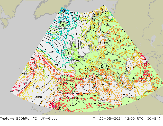 Theta-e 850hPa UK-Global Th 30.05.2024 12 UTC