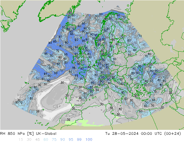 RH 850 hPa UK-Global Tu 28.05.2024 00 UTC