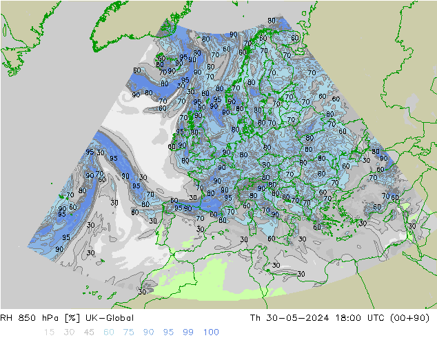 RH 850 hPa UK-Global Do 30.05.2024 18 UTC