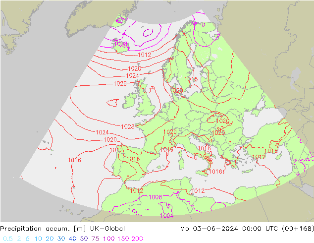 Precipitation accum. UK-Global Mo 03.06.2024 00 UTC