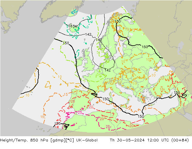 Height/Temp. 850 hPa UK-Global Th 30.05.2024 12 UTC