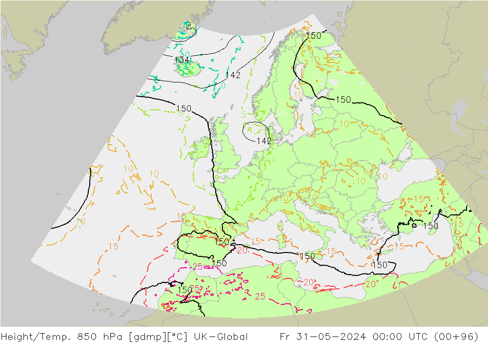Height/Temp. 850 hPa UK-Global Fr 31.05.2024 00 UTC