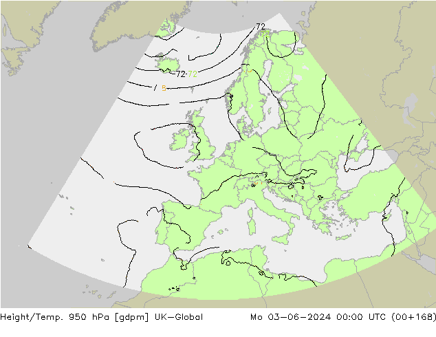 Height/Temp. 950 hPa UK-Global pon. 03.06.2024 00 UTC