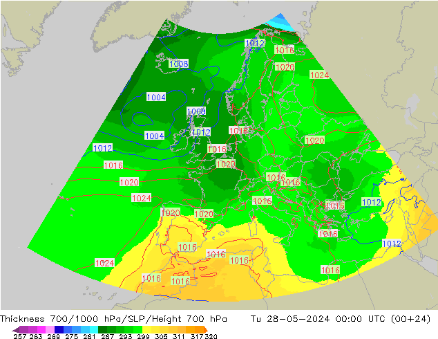 Thck 700-1000 hPa UK-Global  28.05.2024 00 UTC