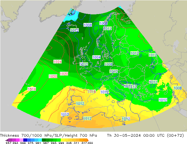 Thck 700-1000 hPa UK-Global Th 30.05.2024 00 UTC