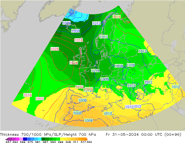 Thck 700-1000 hPa UK-Global pt. 31.05.2024 00 UTC