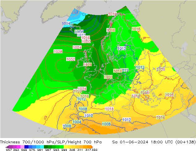 Espesor 700-1000 hPa UK-Global sáb 01.06.2024 18 UTC