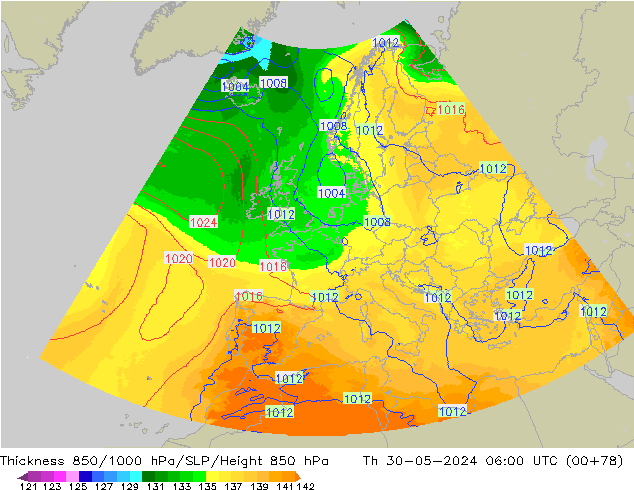 Thck 850-1000 hPa UK-Global Čt 30.05.2024 06 UTC