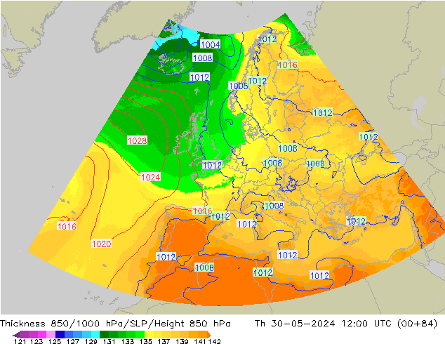 Schichtdicke 850-1000 hPa UK-Global Do 30.05.2024 12 UTC