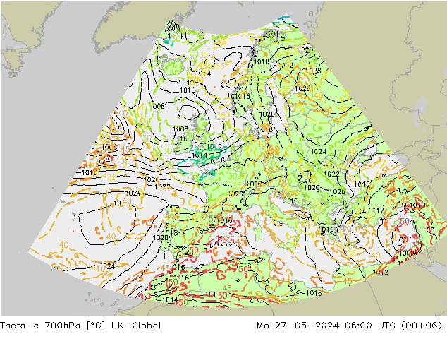 Theta-e 700hPa UK-Global Pzt 27.05.2024 06 UTC