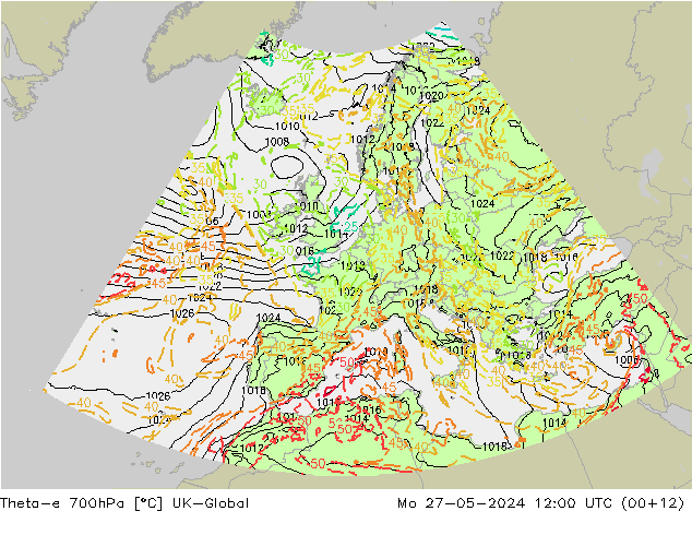 Theta-e 700hPa UK-Global Mo 27.05.2024 12 UTC