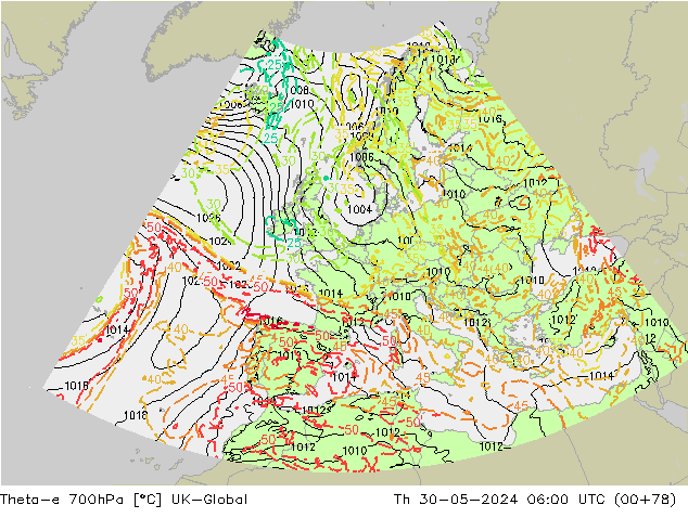 Theta-e 700hPa UK-Global Do 30.05.2024 06 UTC
