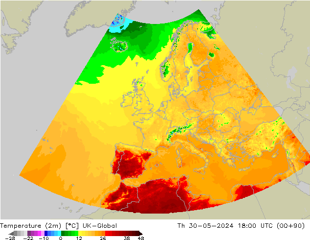 Temperatuurkaart (2m) UK-Global do 30.05.2024 18 UTC