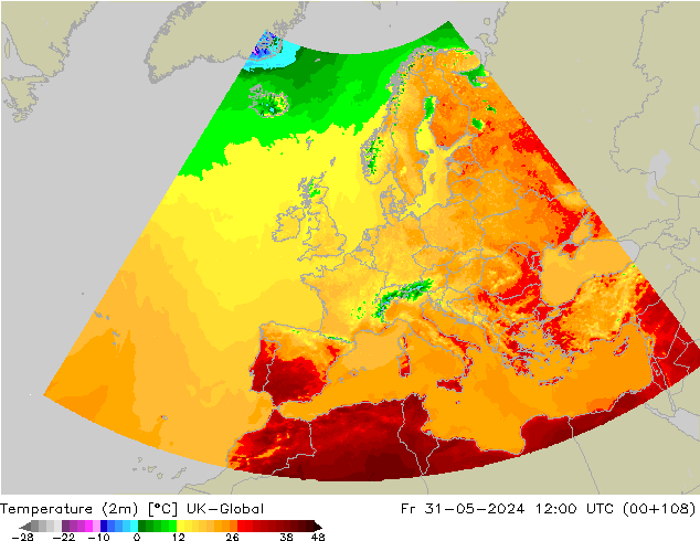 Sıcaklık Haritası (2m) UK-Global Cu 31.05.2024 12 UTC