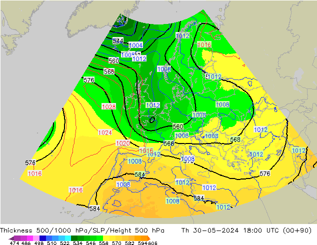 Schichtdicke 500-1000 hPa UK-Global Do 30.05.2024 18 UTC