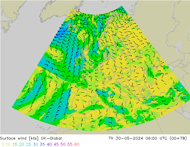 Surface wind UK-Global Th 30.05.2024 06 UTC