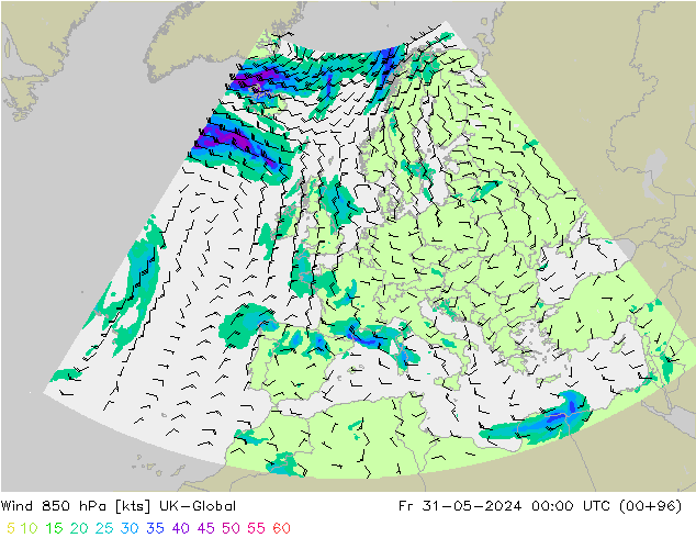 Wind 850 hPa UK-Global Fr 31.05.2024 00 UTC