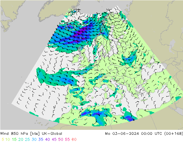 Wind 850 hPa UK-Global Mo 03.06.2024 00 UTC