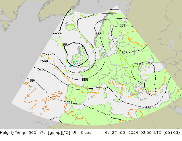 Height/Temp. 500 hPa UK-Global Mo 27.05.2024 03 UTC