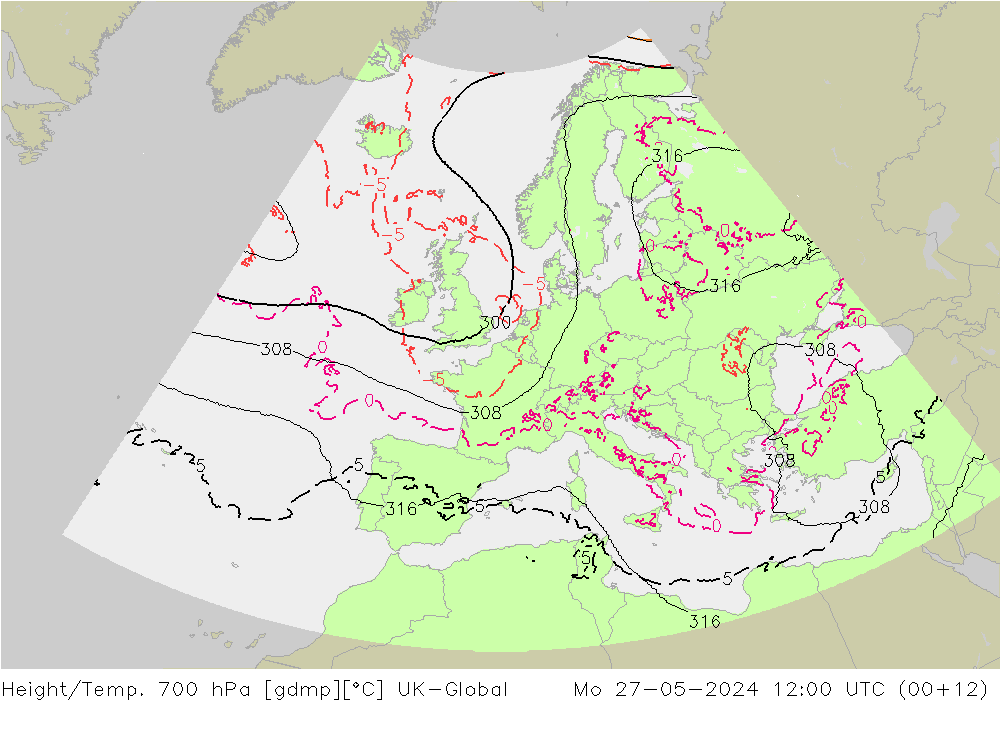 Height/Temp. 700 hPa UK-Global lun 27.05.2024 12 UTC