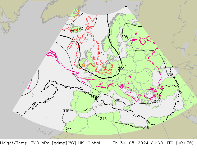 Height/Temp. 700 hPa UK-Global  30.05.2024 06 UTC