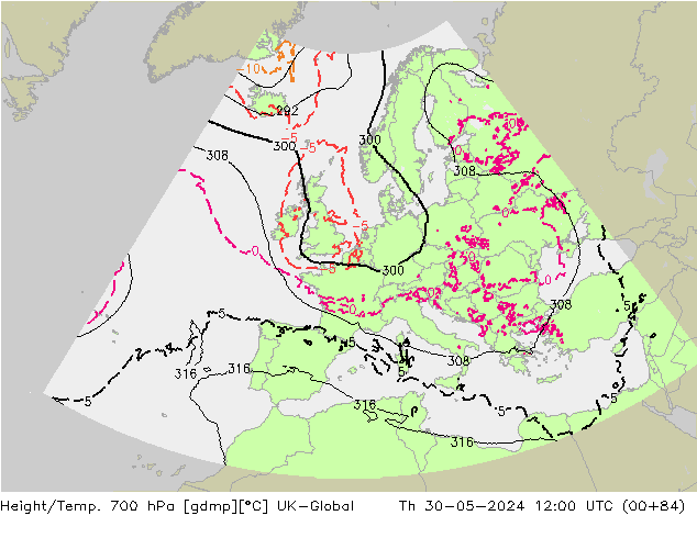Height/Temp. 700 hPa UK-Global Th 30.05.2024 12 UTC