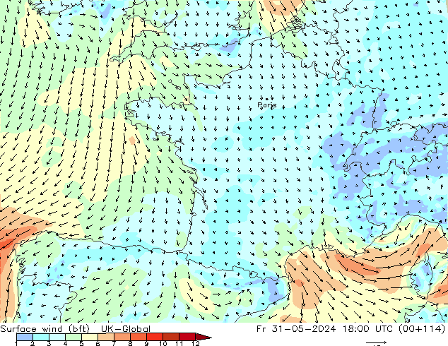 Vento 10 m (bft) UK-Global ven 31.05.2024 18 UTC