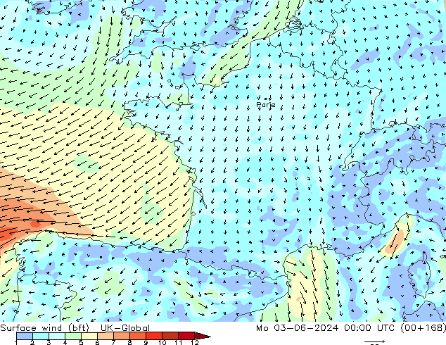 Vento 10 m (bft) UK-Global lun 03.06.2024 00 UTC