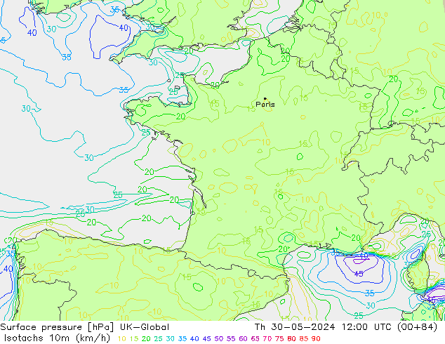 Isotaca (kph) UK-Global jue 30.05.2024 12 UTC