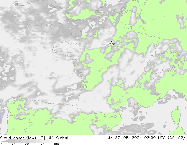 Cloud cover (low) UK-Global Mo 27.05.2024 02 UTC