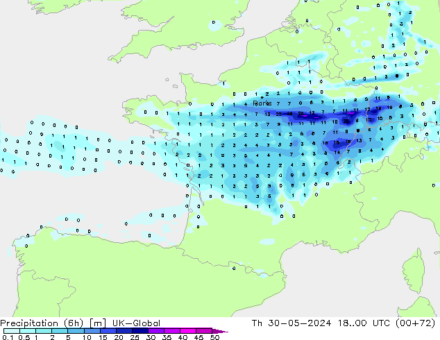 Precipitação (6h) UK-Global Qui 30.05.2024 00 UTC