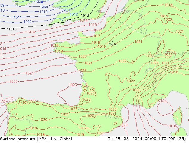 Atmosférický tlak UK-Global Út 28.05.2024 09 UTC