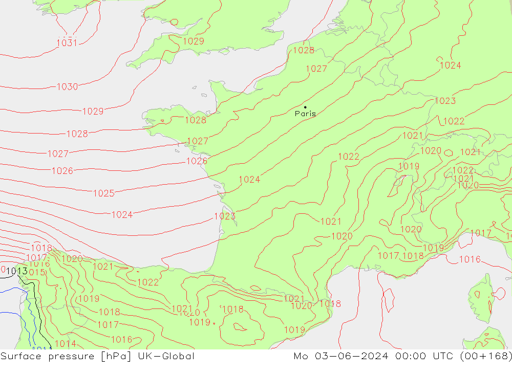 Surface pressure UK-Global Mo 03.06.2024 00 UTC