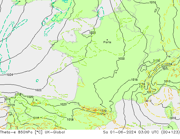 Theta-e 850hPa UK-Global  01.06.2024 03 UTC