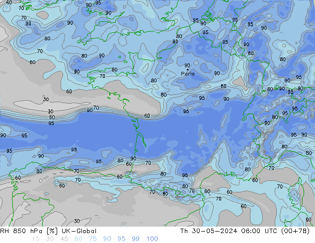 RH 850 hPa UK-Global gio 30.05.2024 06 UTC