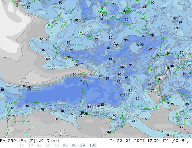 RH 850 hPa UK-Global czw. 30.05.2024 12 UTC