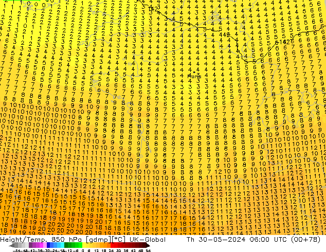 Height/Temp. 850 hPa UK-Global Čt 30.05.2024 06 UTC