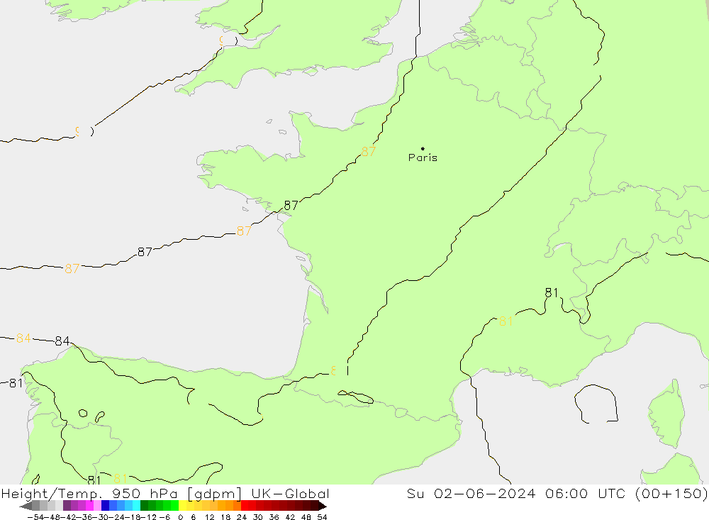 Géop./Temp. 950 hPa UK-Global dim 02.06.2024 06 UTC