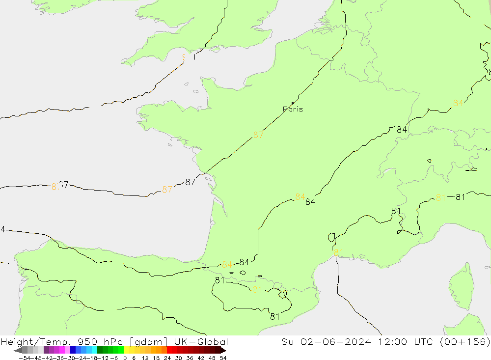 Height/Temp. 950 hPa UK-Global Su 02.06.2024 12 UTC