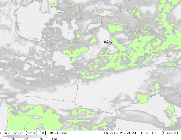 Nuages (total) UK-Global jeu 30.05.2024 18 UTC