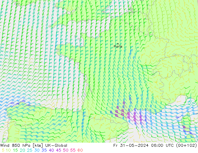 Vento 850 hPa UK-Global ven 31.05.2024 06 UTC