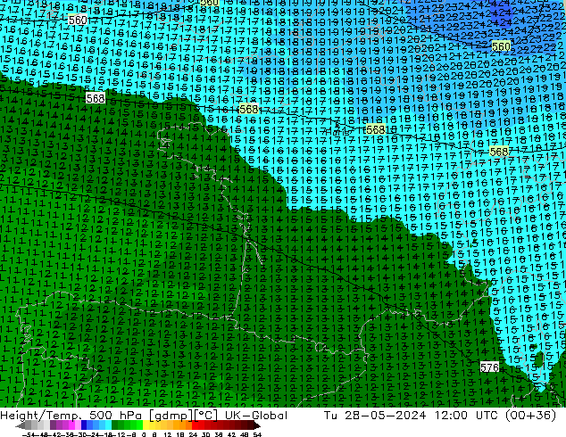 Height/Temp. 500 hPa UK-Global wto. 28.05.2024 12 UTC