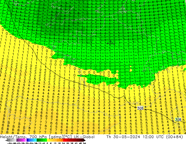 Geop./Temp. 700 hPa UK-Global jue 30.05.2024 12 UTC