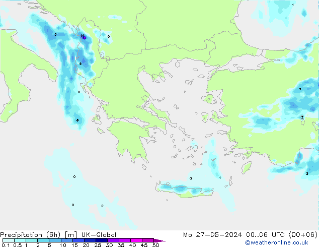 Totale neerslag (6h) UK-Global ma 27.05.2024 06 UTC