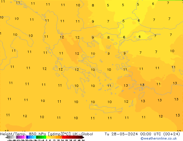 Height/Temp. 850 hPa UK-Global Út 28.05.2024 00 UTC