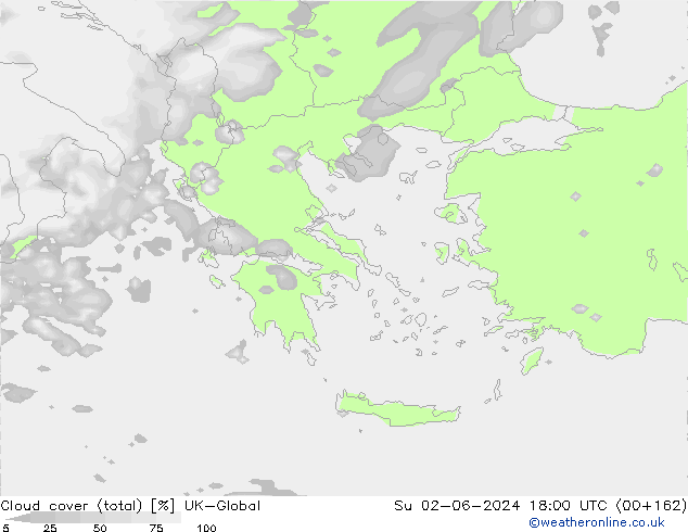 Bewolking (Totaal) UK-Global zo 02.06.2024 18 UTC