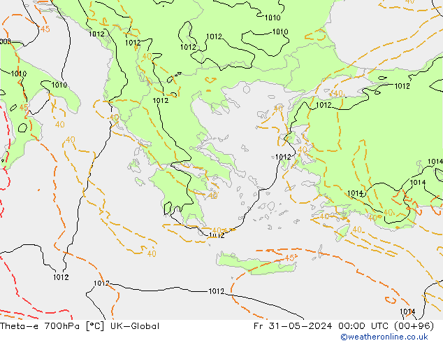 Theta-e 700hPa UK-Global Fr 31.05.2024 00 UTC