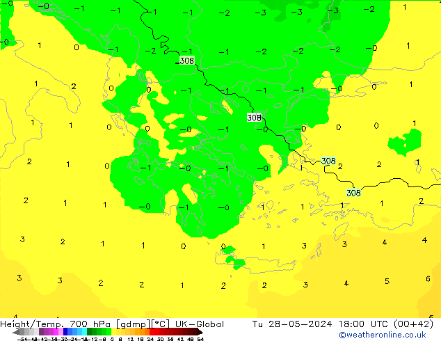 Height/Temp. 700 hPa UK-Global Tu 28.05.2024 18 UTC